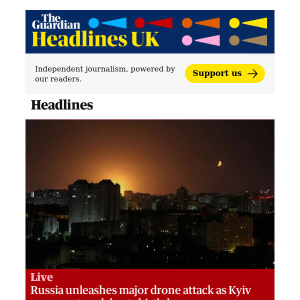 The Guardian Headlines: Russia-Ukraine war live: Russia unleashes major drone attack as Kyiv prepares to celebrate birthday