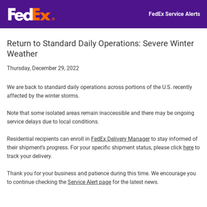 Return to Standard Daily Operations: Severe Winter Weather