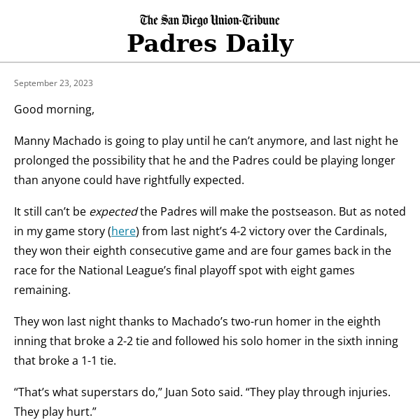 Padres Daily: 'Superstar' Manny Machado not ready for 2023 to be over;  reasoning for no Josh Hader; Matt Waldron's evolution - The San Diego  Union-Tribune