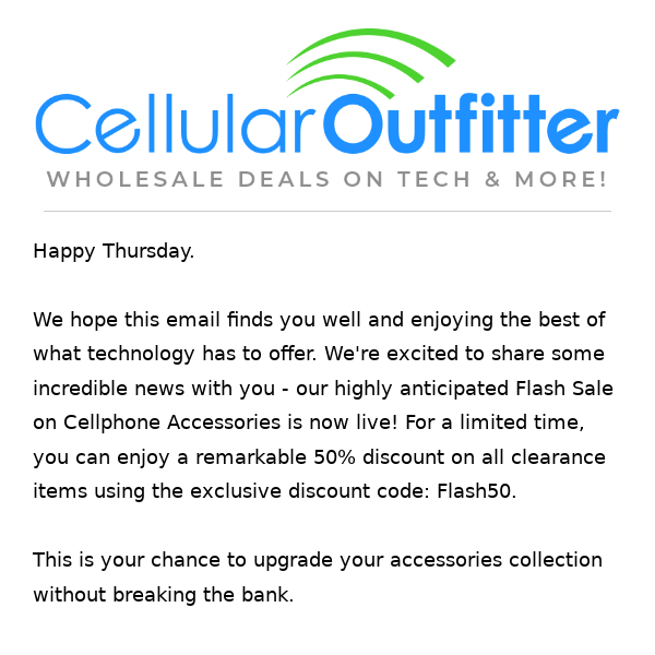 Cellular Outfitter 50% Off Clearance - Today Only 👉