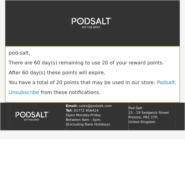 Reward Points Expiry Warning at Podsalt