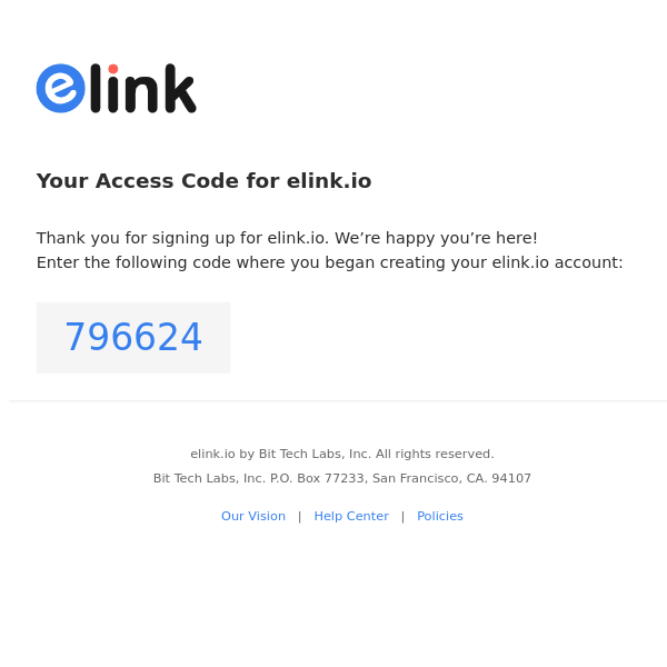 Your elink cofirmation code is 796624