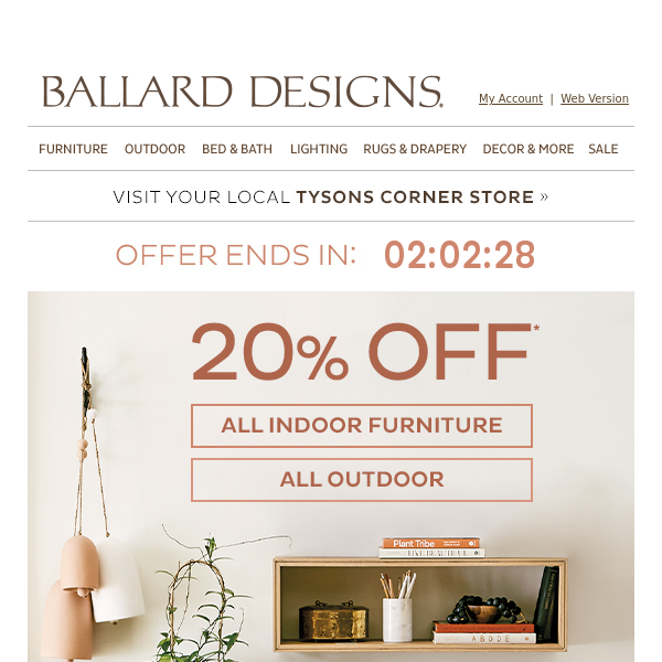 Final Hours! 20% off all furniture & outdoor