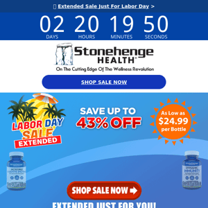 Extended Labor Day discounts don’t get better than this, Stonehenge Health,