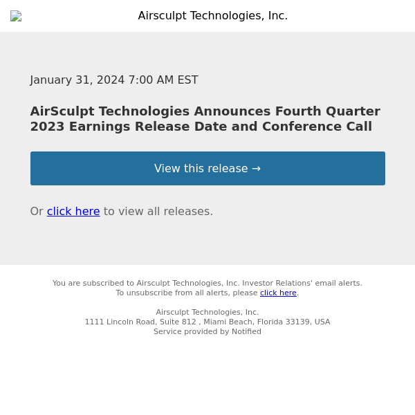 AirSculpt Technologies Announces Fourth Quarter 2023 Earnings Release Date and Conference Call