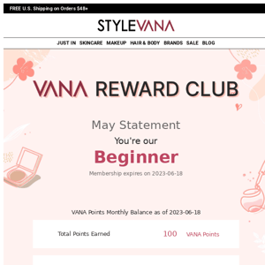 Here's your VANA Reward Club May Statement