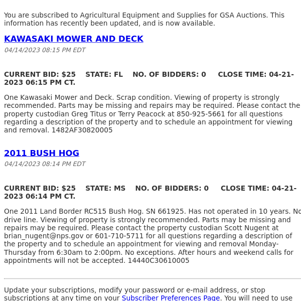 GSA Auctions Agricultural Equipment and Supplies Update
