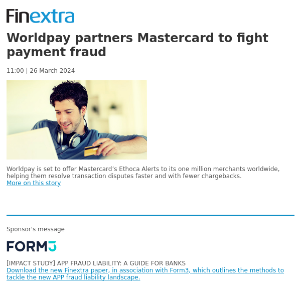 Finextra News Flash: Worldpay partners Mastercard to fight payment fraud