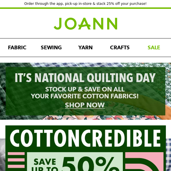 Up to 50% off ALL cotton fabrics! (Happy National Quilting Day!)