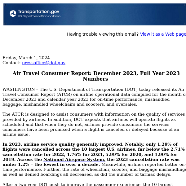  Air Travel Consumer Report: December 2023, Full Year 2023 Numbers