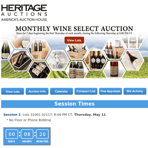Tonight at 8 PM CT: May 11 Monthly Wine Select Auction