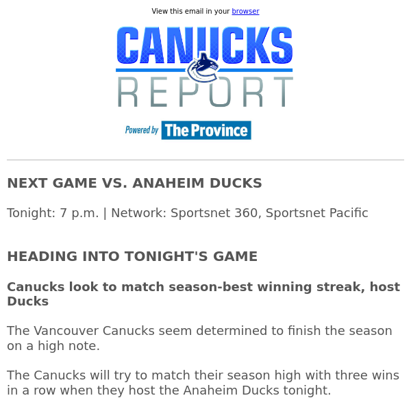 Canucks look to match season-best winning streak, host Ducks