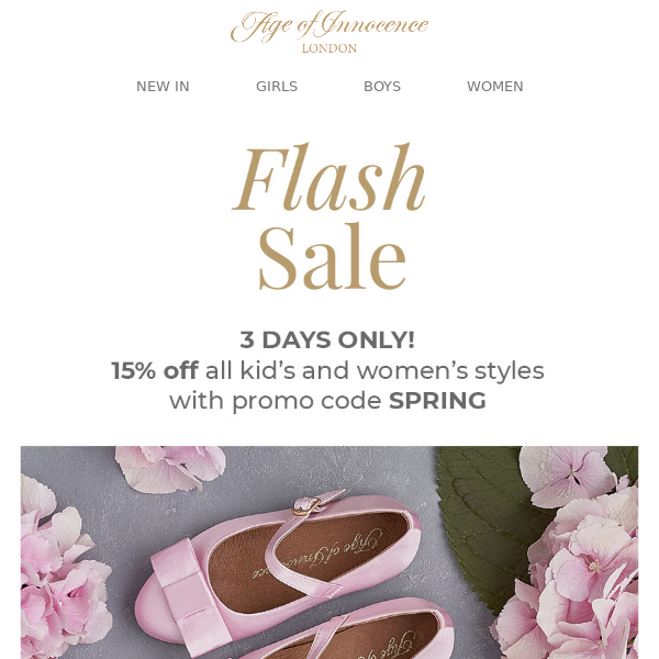 Flash Sale! 15% Off All Kid’s and Women’s Styles