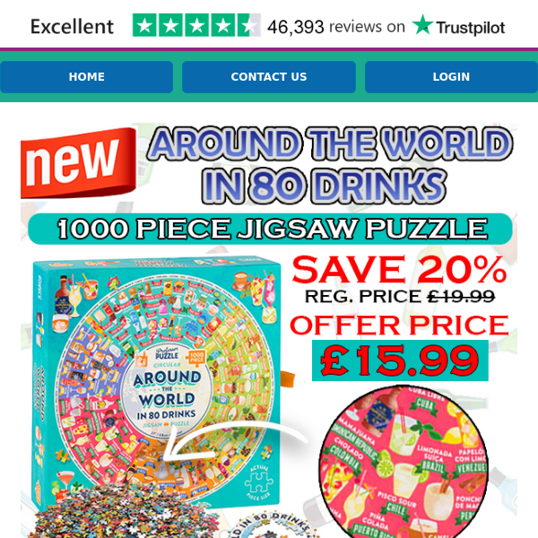 BRAND NEW! Around the world in 80 drinks jigsaw puzzle. 20% OFF!