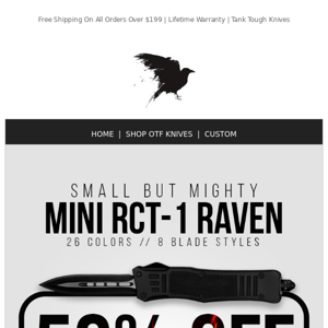 🔪 Get 50% Off on Mini RCT-1 Raven OTF Knives Today! | RavenCrest Tactical