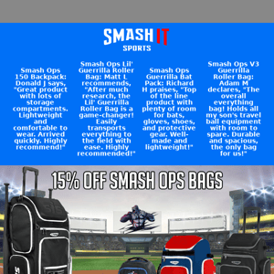 🚨 15% OFF Smash Ops Bat Packs and Roller Bags
