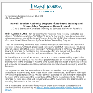 Hawai‘i Tourism Authority Supports ‘Āina-based Training and Stewardship Program on Hawai‘i Island