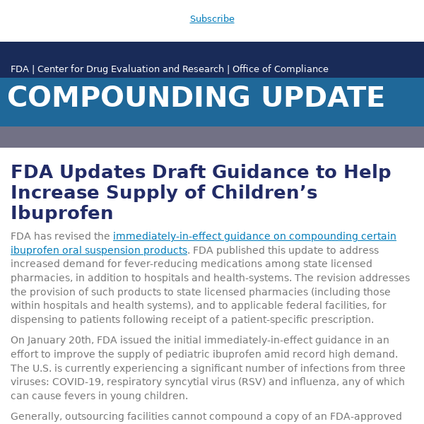 FDA Updates Draft Guidance to Help Increase Supply of Children’s Ibuprofen