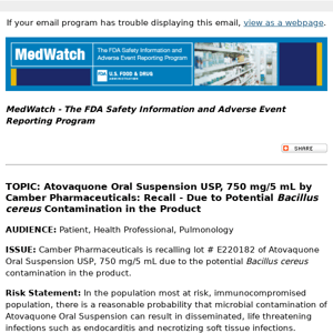 FDA MedWatch - Atovaquone Oral Suspension, USP 750mg/5mL by Camber Pharmaceuticals