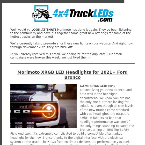 New Bronco, F150, Tacoma & 4Runner Headlights/Tail Lights from Morimoto are Now 20% Off at 4x4TruckLEDs.com