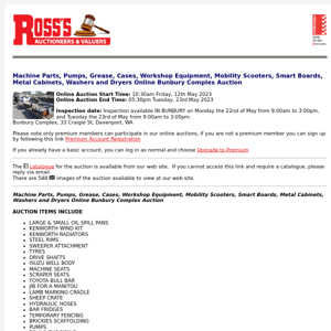 *CLOSING SOON* Ross's > Machine Parts, Pumps, Grease, Cases, Workshop Equipment, Mobility Scooters, Smart Boards, Metal Cabinets, Washers and Dryers Online Bunbury Complex Auction 23/05/23