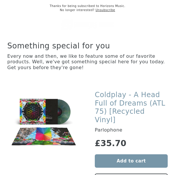 COLDPLAY - HEAD FULL OF DREAMS (RECYCLED VINYL) (ATL75) Vinyl LP
