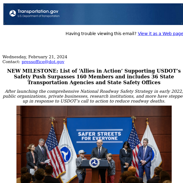 NEW MILESTONE: List of ‘Allies in Action’ Supporting USDOT’s Safety Push Surpasses 160 Members and includes 36 State Transportation Agencies and State Safety Offices
