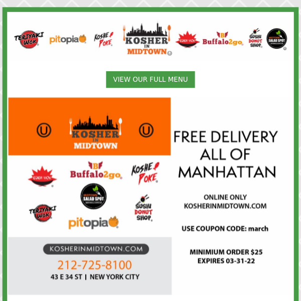 Back to the office in Manhattan today? Let Kosher in Midtown deliver lunch