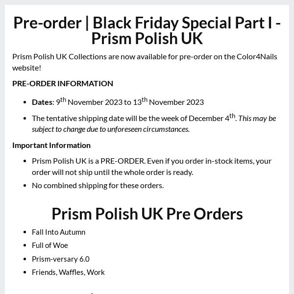 Black Friday Special Part I - Prism Polish UK Pre Orders 11/9 - 11/13 (Major Savings)