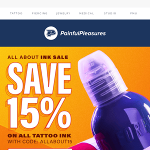 Ready your ink cups! Save 15% on tattoo ink.