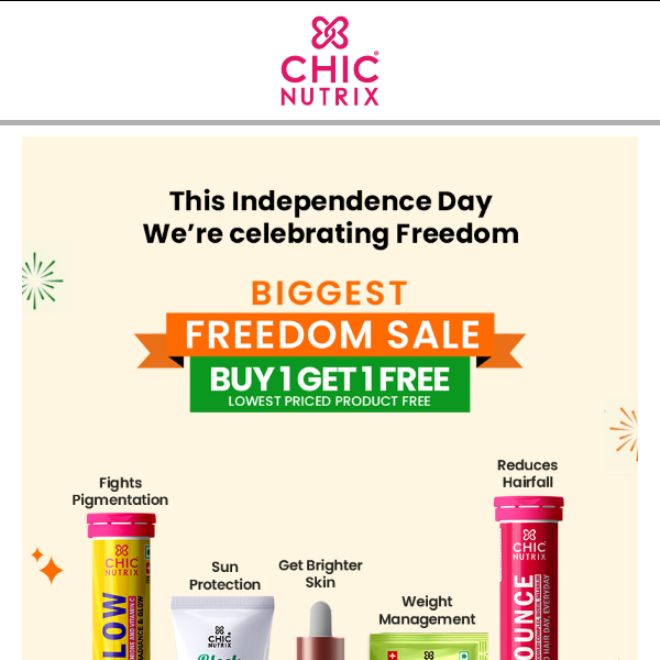 Buy 1️⃣ Get 1️⃣ FREE only @Chicnutrix Biggest Freedom Sale 🇮🇳