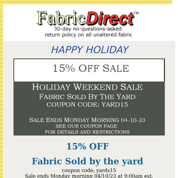 HOLIDAY WEEKEND SALE  Fabric Direct