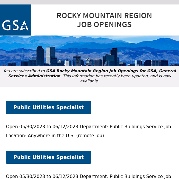 New/Current Job Opportunities in the GSA Rocky Mountain Region