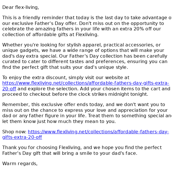 Last Day Reminder: Extra 20% Off Affordable Father's Day Gifts - Ends Today!