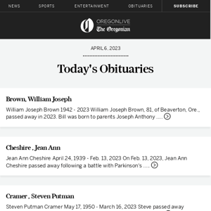 Latest obituaries for April 6, 2023