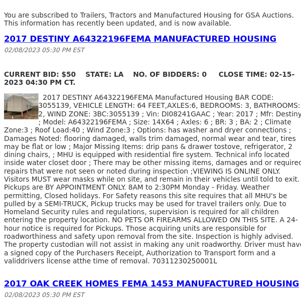 GSA Auctions Trailers, Tractors and Manufactured Housing Update