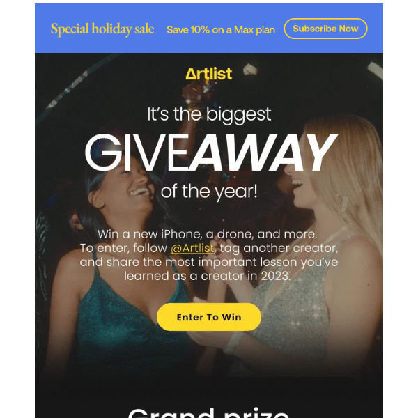 Artlist.io, win a new iPhone, drone, and more with the biggest giveaway of the year