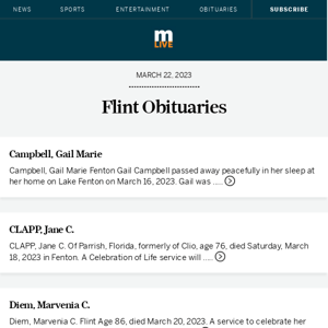 Today's Flint obituaries for March 22, 2023