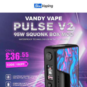 £36.55 Vandy Vape Pulse V2 Mod, £3.5 IVG Beyond Bar, £30.6 Aegis X Kit with Zeus Tank, 3 Elux KOKO for £12, £2.12 Riot Nic Salt 10ml