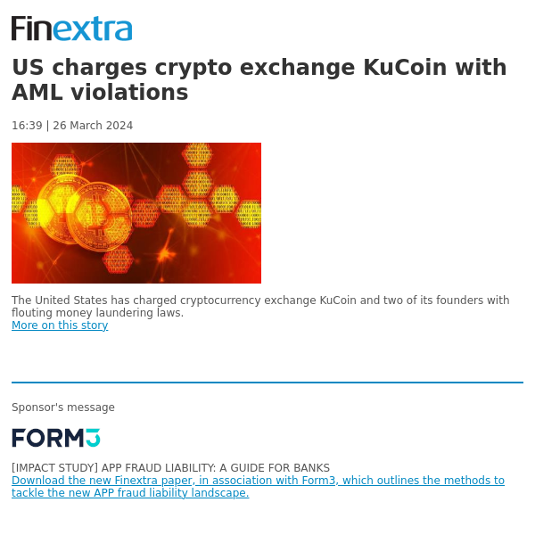 Finextra News Flash: US charges crypto exchange KuCoin with AML violations