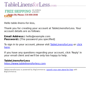 Thanks for Registering at TableLinensforLess