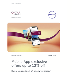 Qatar Airways , mobile App exclusive offers up to 12% off