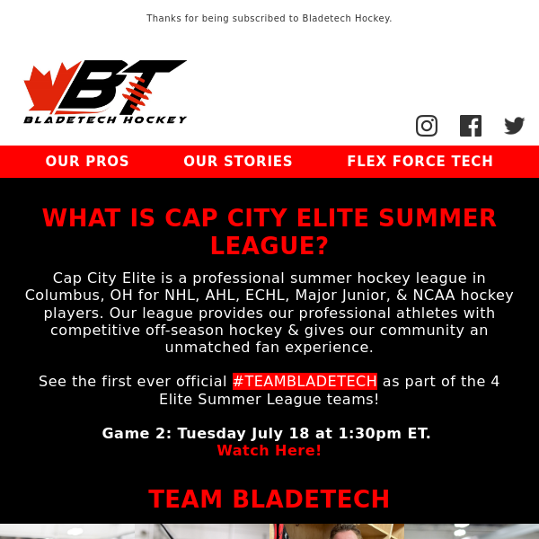 Watch Live Today! NHL pros on Team Bladetech in the Cap City Elite Summer League