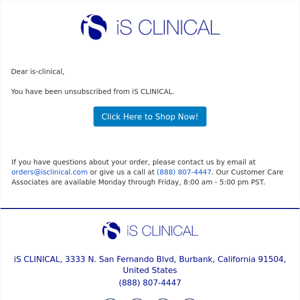 Newsletter unsubscription from iS CLINICAL