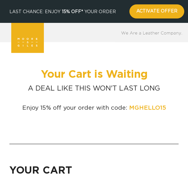 Last chance to get 15% off your cart