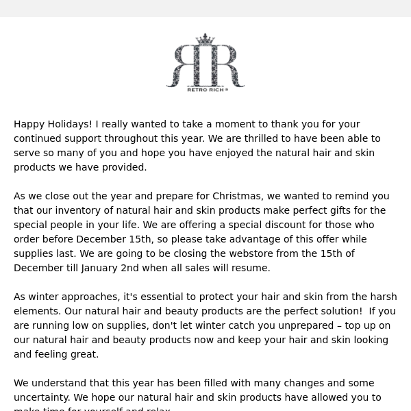 Thank You for a Successful Year and Shop Now Before We Close for Christmas