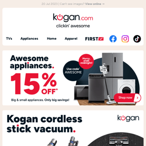 $412 OFF Kogan Z15 Cordless Stick Vacuum (Now $237) - Don't spend more to clean your floor