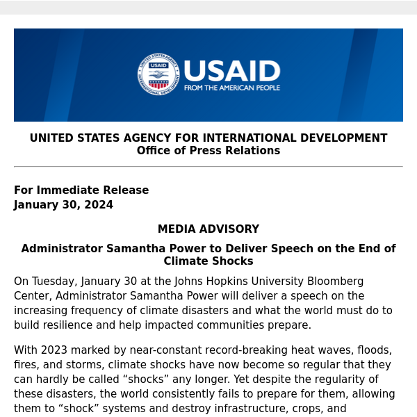 TODAY MEDIA ADVISORY Administrator Samantha Power to Deliver