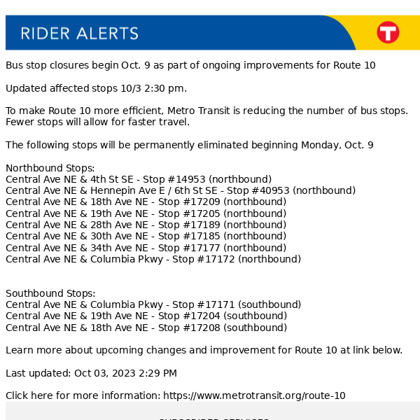 Update: Starting Monday: Ten Bus stops closed