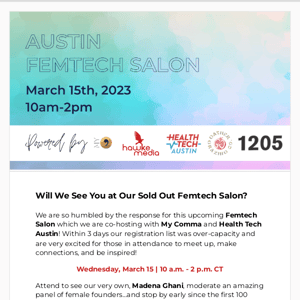 SOLD OUT for Our 3/15 Austin Femtech Salon!